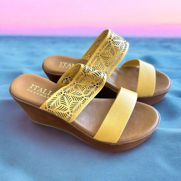 Italian Shoe Makers Women’s Sandals Yellow Size 8 Platform Wedge Italy Straps - Picture 3 of 9